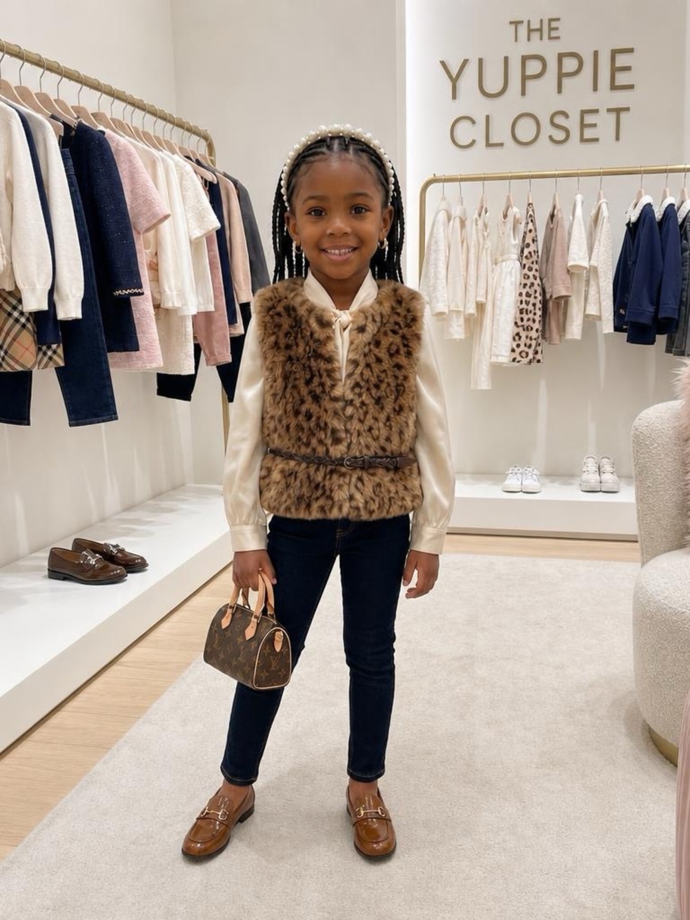 NWT Rachel Zoe Girls Leopard Print Faux Fur Vest Brown Braided Belt Size XS 4 5